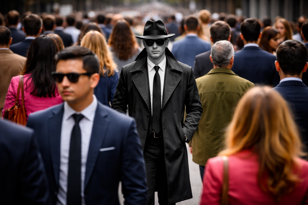 détective en noir dans la rue